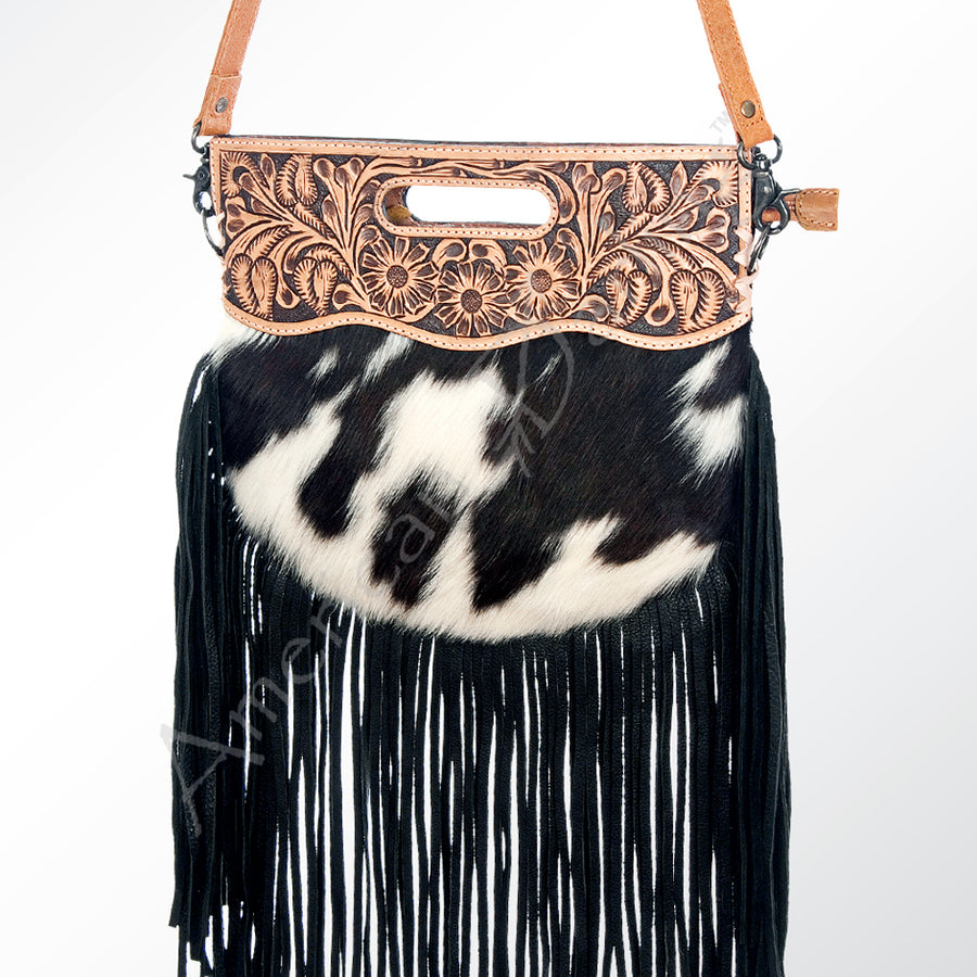 American Darling Western Leather Clutch Bag with Hand Tooled Floral Carving and Hair-On Cowhide - Uhorse