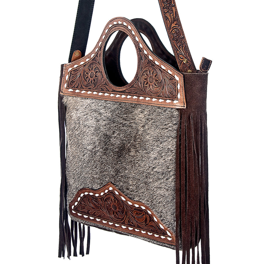 American Darling Western Leather Clutch Bag Hand Tooled Floral Carved Cowhide Purse with Fringes and YKK Zipper