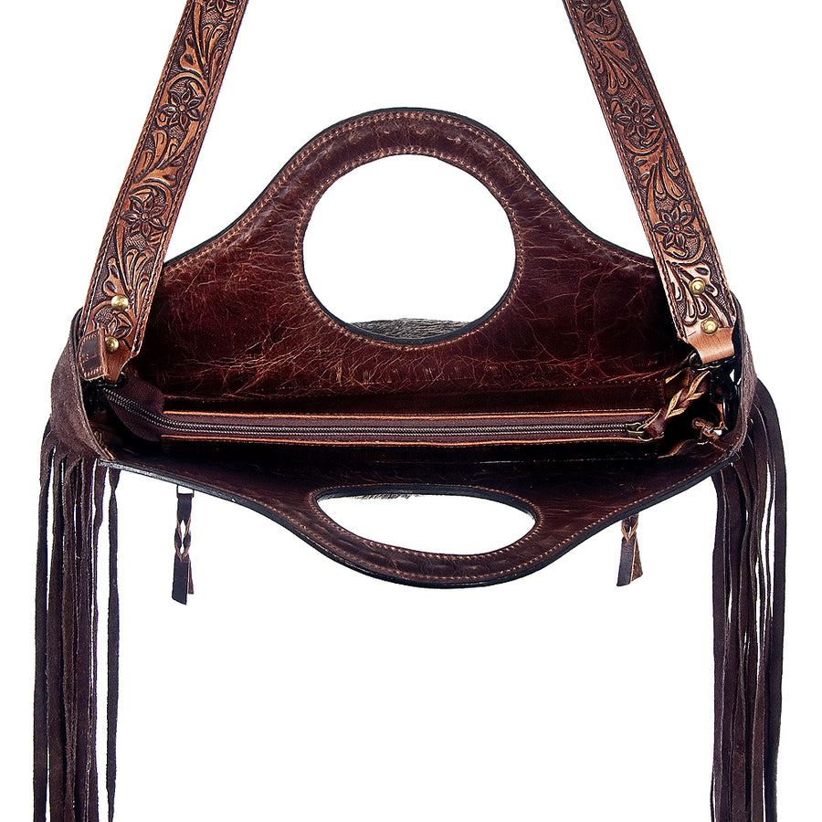 American Darling Western Leather Clutch Bag Hand Tooled Floral Carved Cowhide Purse with Fringes and YKK Zipper