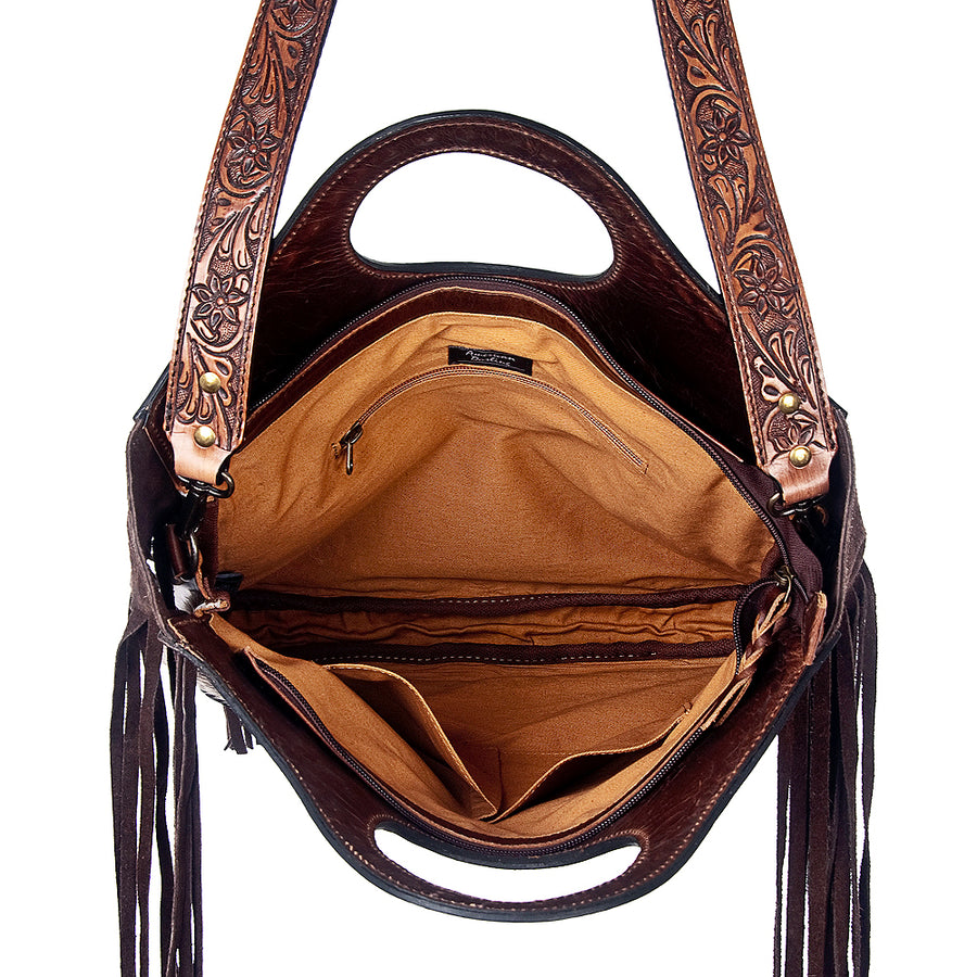 American Darling Western Leather Clutch Bag Hand Tooled Floral Carved Cowhide Purse with Fringes and YKK Zipper