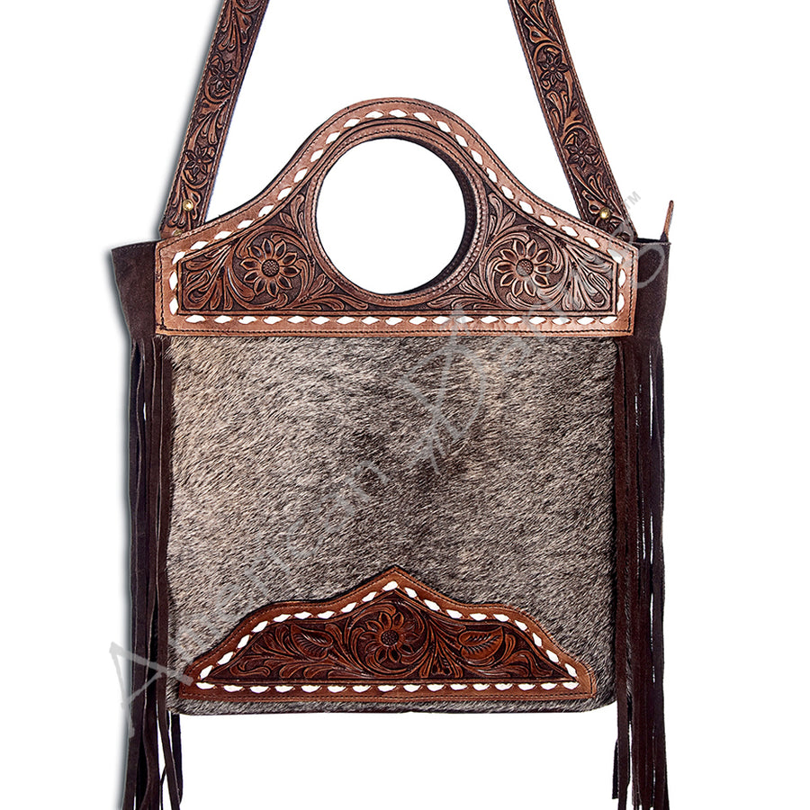 American Darling Western Leather Clutch Bag with Hand Tooled Floral Carving and Fringes - Uhorse