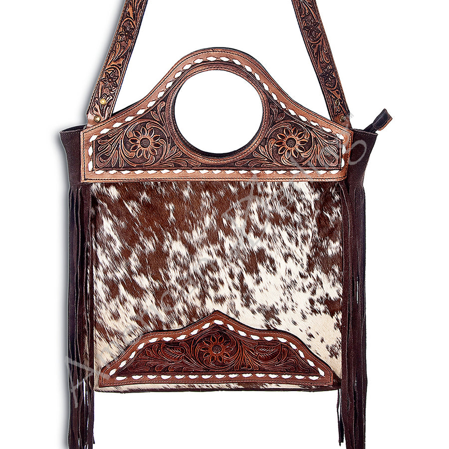 American Darling Western Leather Clutch Bag with Hand Tooled Floral Carving and Fringes - Uhorse