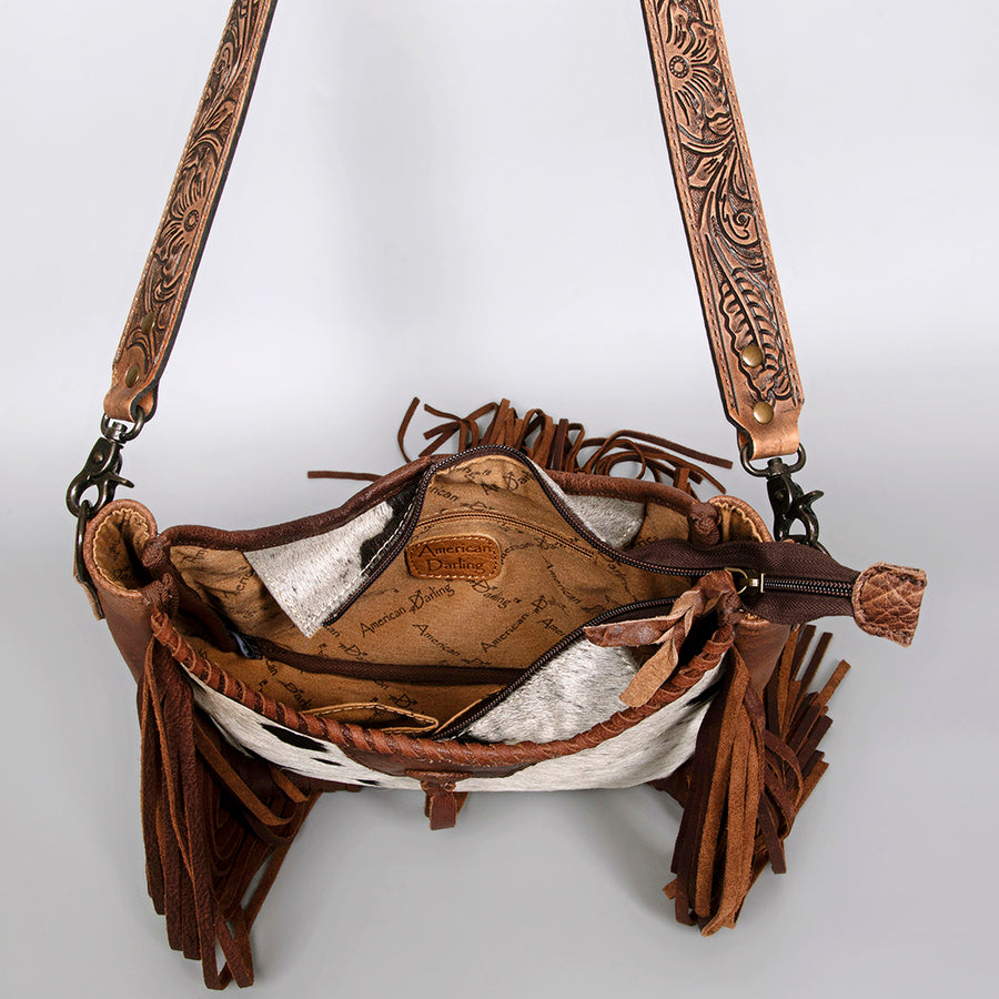 American Darling Hobo Bag Western Leather Hair-On Cowhide Purse with Fringes Hand Tooled Strap and YKK Zipper