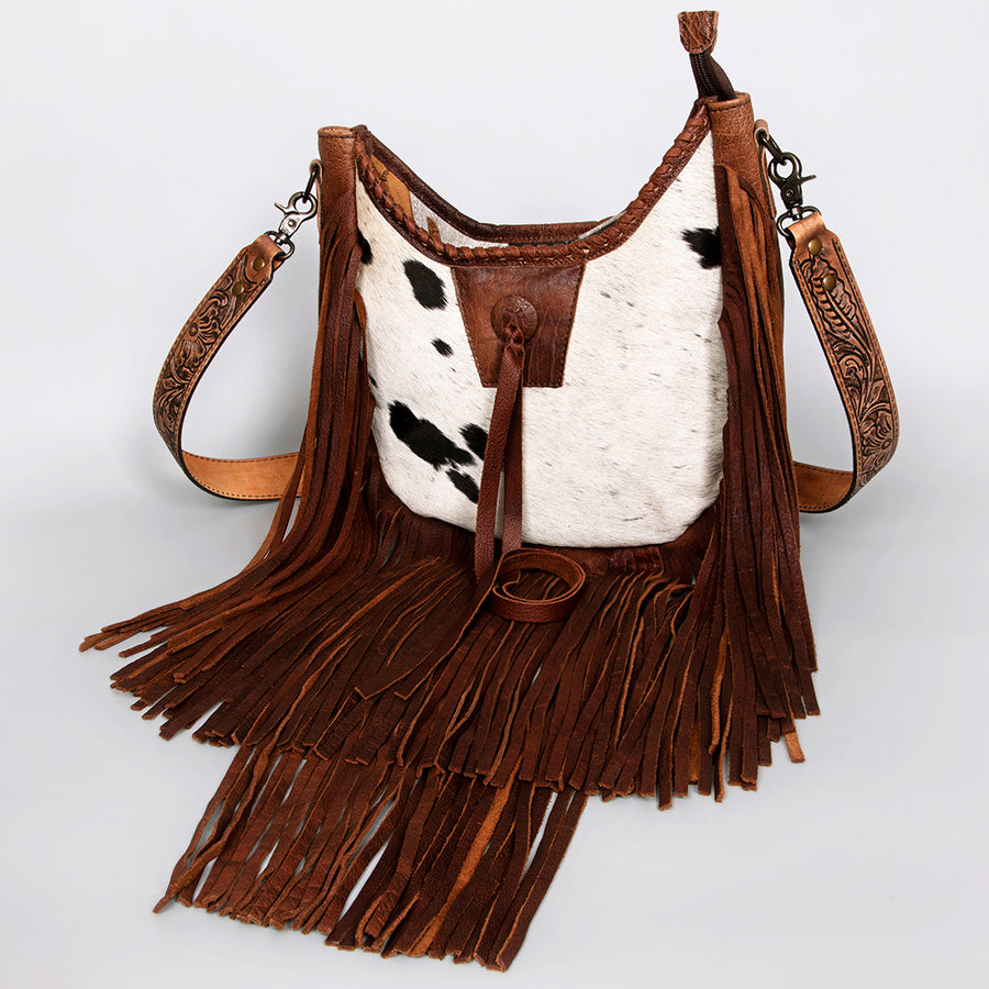 American Darling Western Leather Hobo Bag with Hair-On Cowhide and Hand Tooled Strap - Uhorse