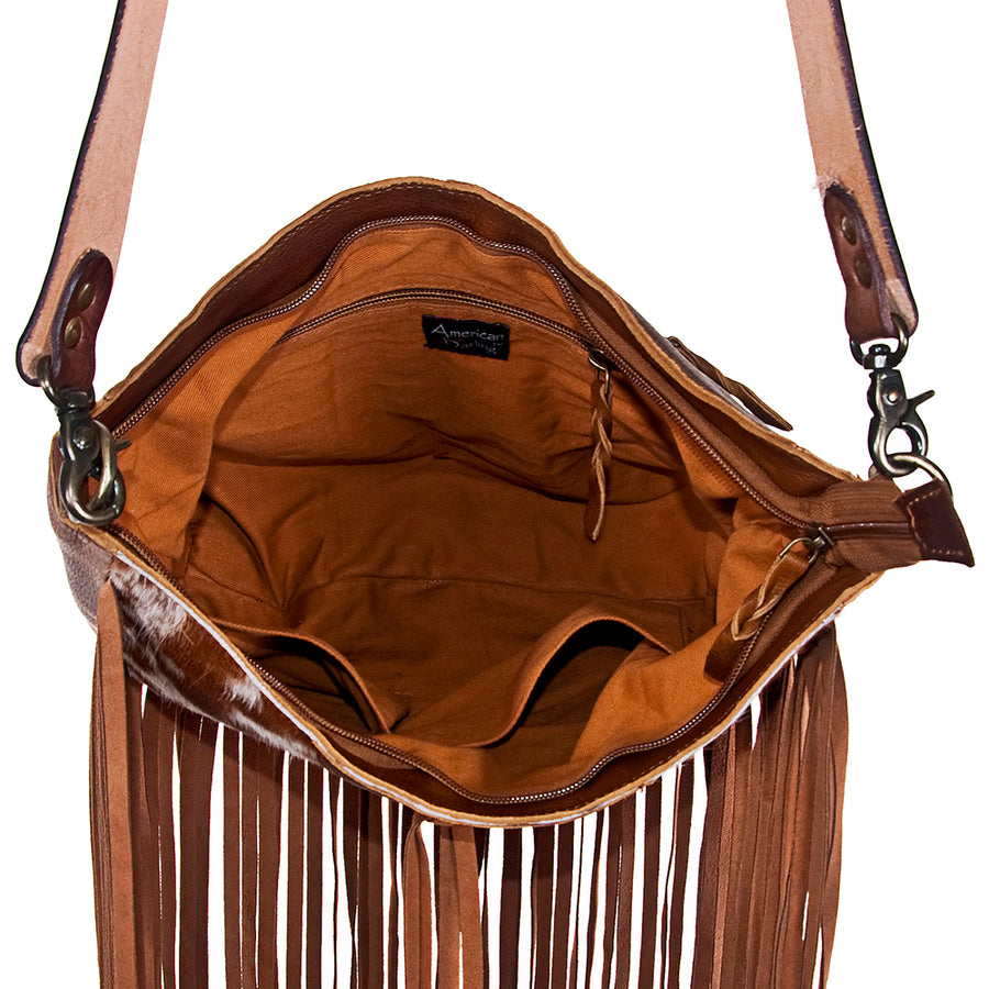 American Darling Hobo Bag Western Leather Hair-On Cowhide Purse with Fringes Hand Tooled Strap and YKK Zipper