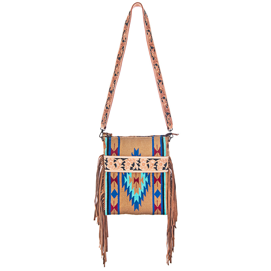 American Darling Large Cross body Bag, Hand Tooled Floral Leather, Hand Woven Saddle Blanket with Fringes, Western Crossbody