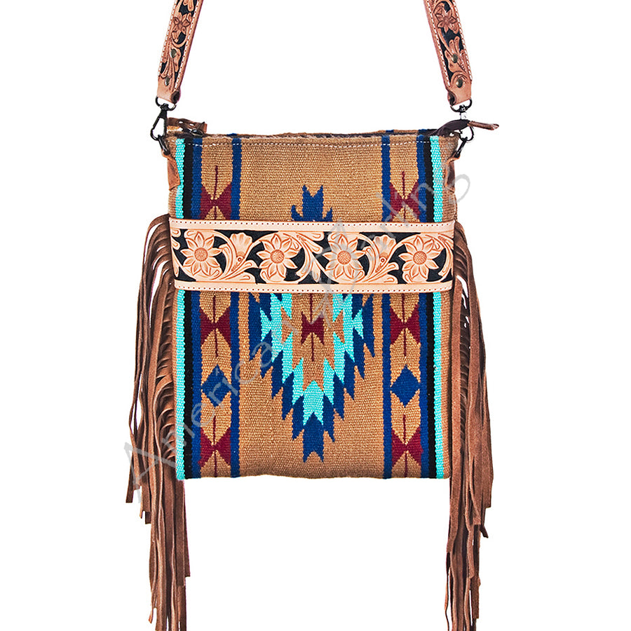 American Darling Cross body Bag - Hand Tooled Floral Leather and Woven Saddle Blanket Purse - Uhorse
