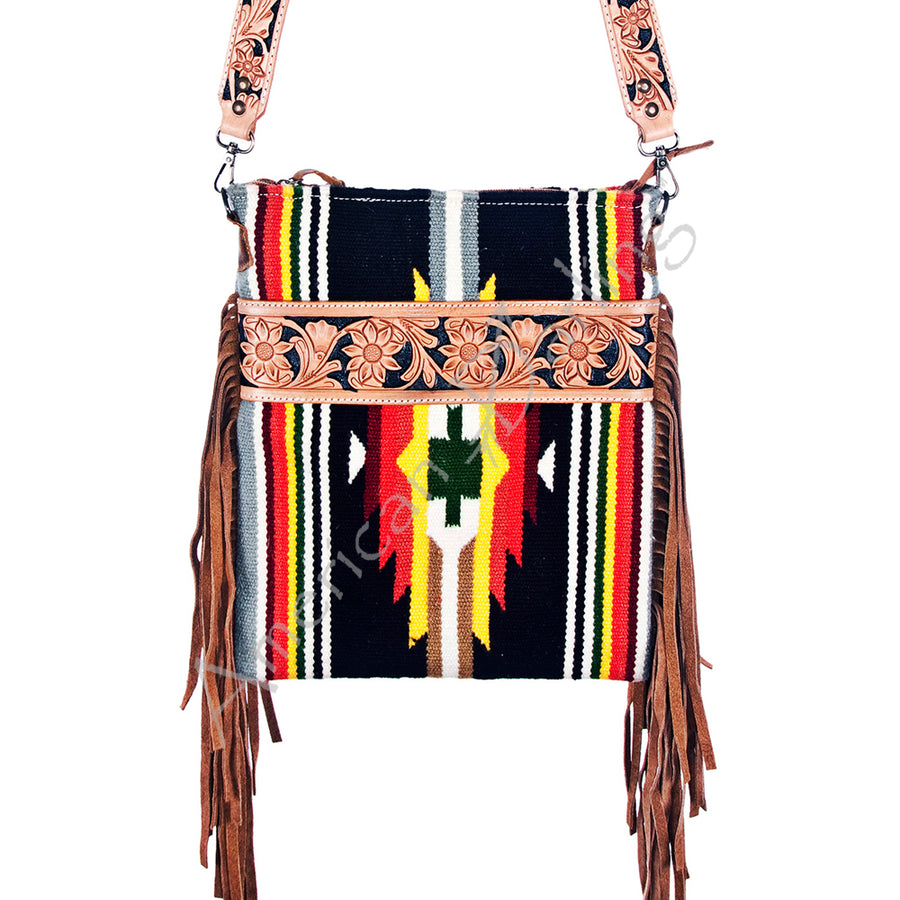 American Darling Cross body Bag - Hand Tooled Floral Leather and Woven Saddle Blanket Purse - Uhorse