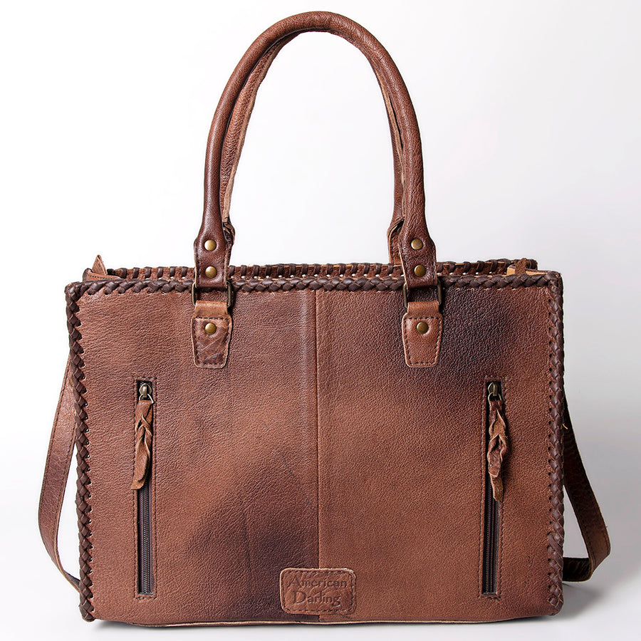 American Darling Tote Bag - Western Leather Hand Tooled Floral Carved Purse with Braided Detailing & Secure YKK Zipper