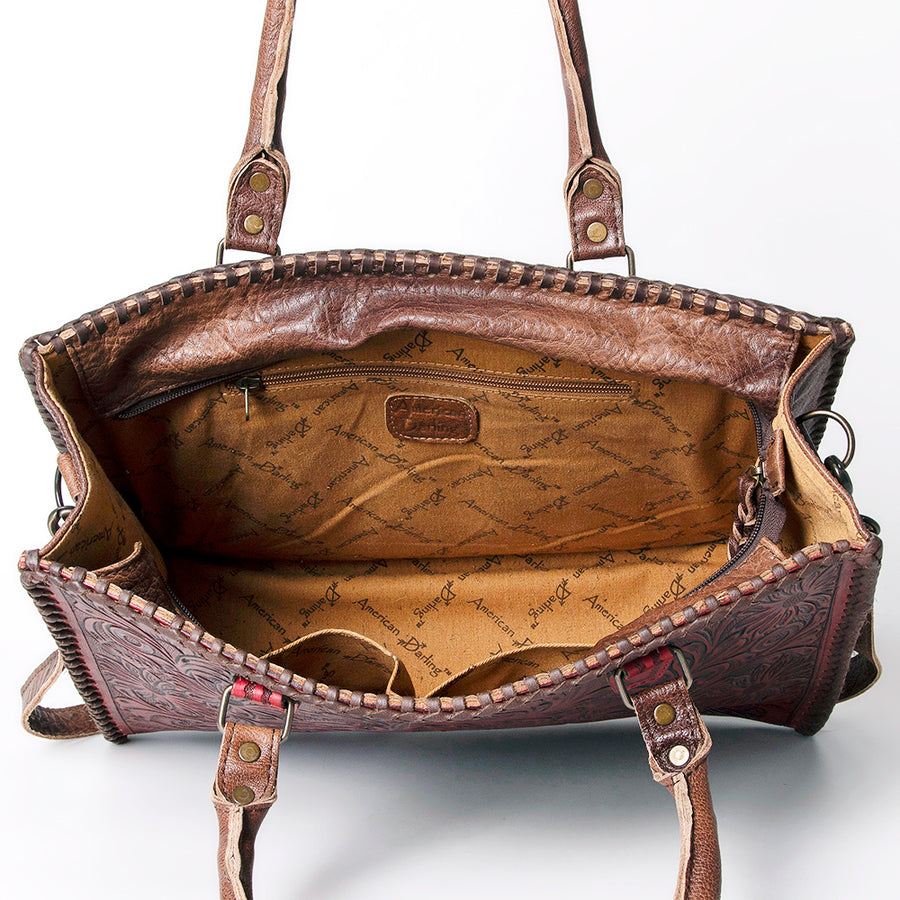 American Darling Tote Bag - Western Leather Hand Tooled Floral Carved Purse with Braided Detailing & Secure YKK Zipper