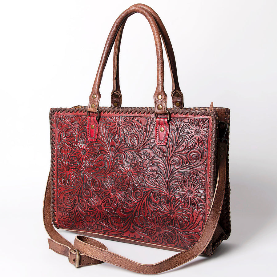American Darling Western Leather Tote Bag - Hand Tooled Floral Carved Braided Purse - Uhorse