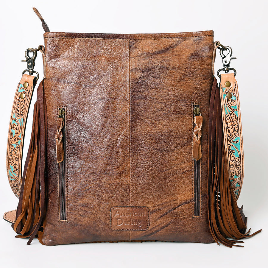 American Darling Messenger Bag, Hand Tooled Floral Leather, Hair-On Cowhide with Fringes, Western Crossbody Travel Purse