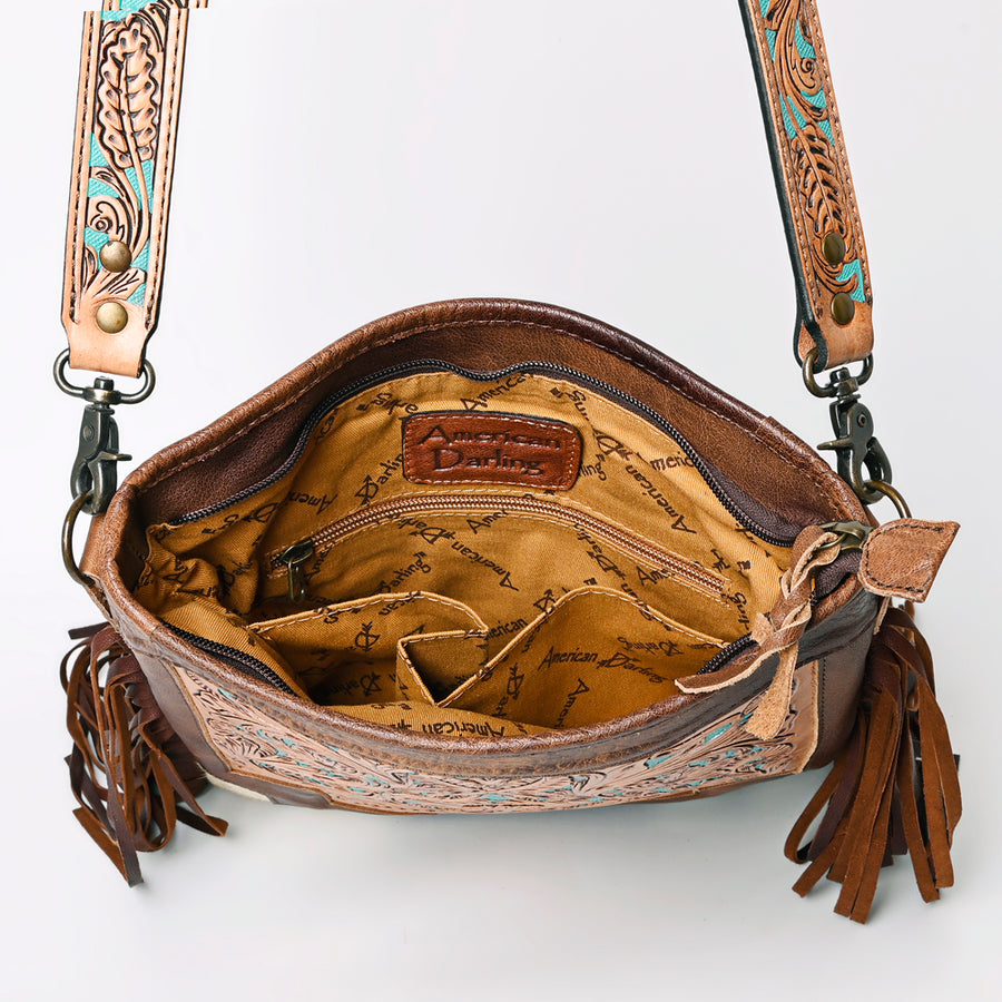 American Darling Messenger Bag, Hand Tooled Floral Leather, Hair-On Cowhide with Fringes, Western Crossbody Travel Purse