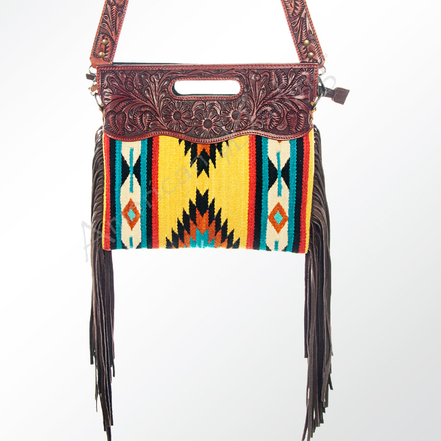 American Darling Signature Cross body Bag Handcrafted from Hand Tooled Leather and Woven Saddle Blanket with Side Fringes