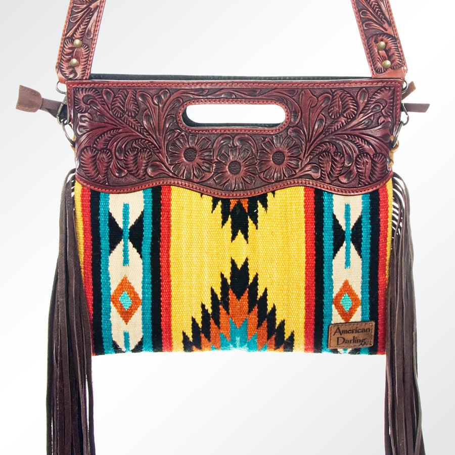 American Darling Signature Cross body Bag Handcrafted from Hand Tooled Leather and Woven Saddle Blanket with Side Fringes
