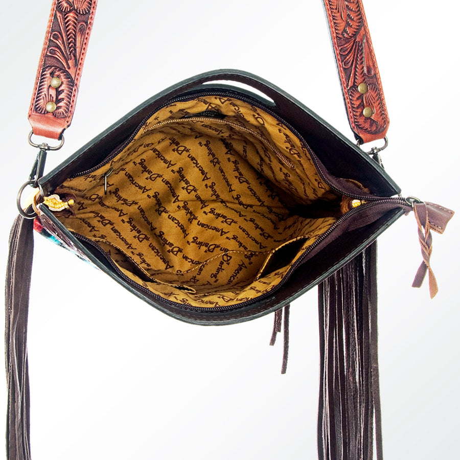 American Darling Signature Cross body Bag Handcrafted from Hand Tooled Leather and Woven Saddle Blanket with Side Fringes