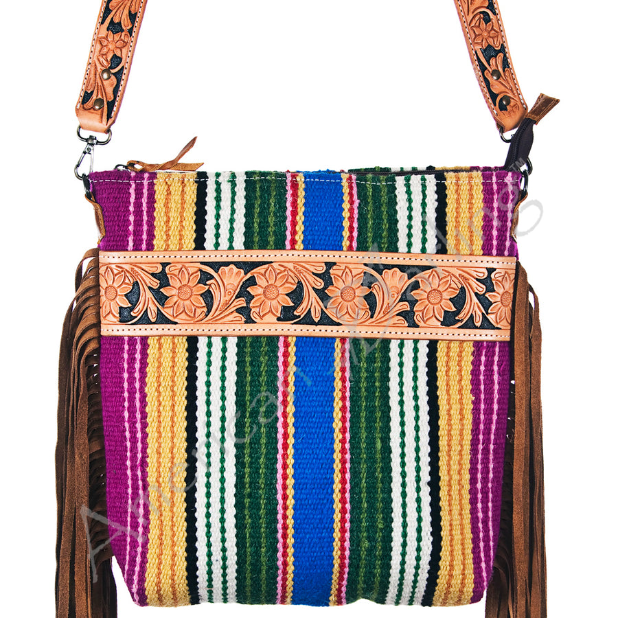 American Darling Large Cross body Bag - Hand Tooled Leather and Woven Saddle Blanket - Uhorse