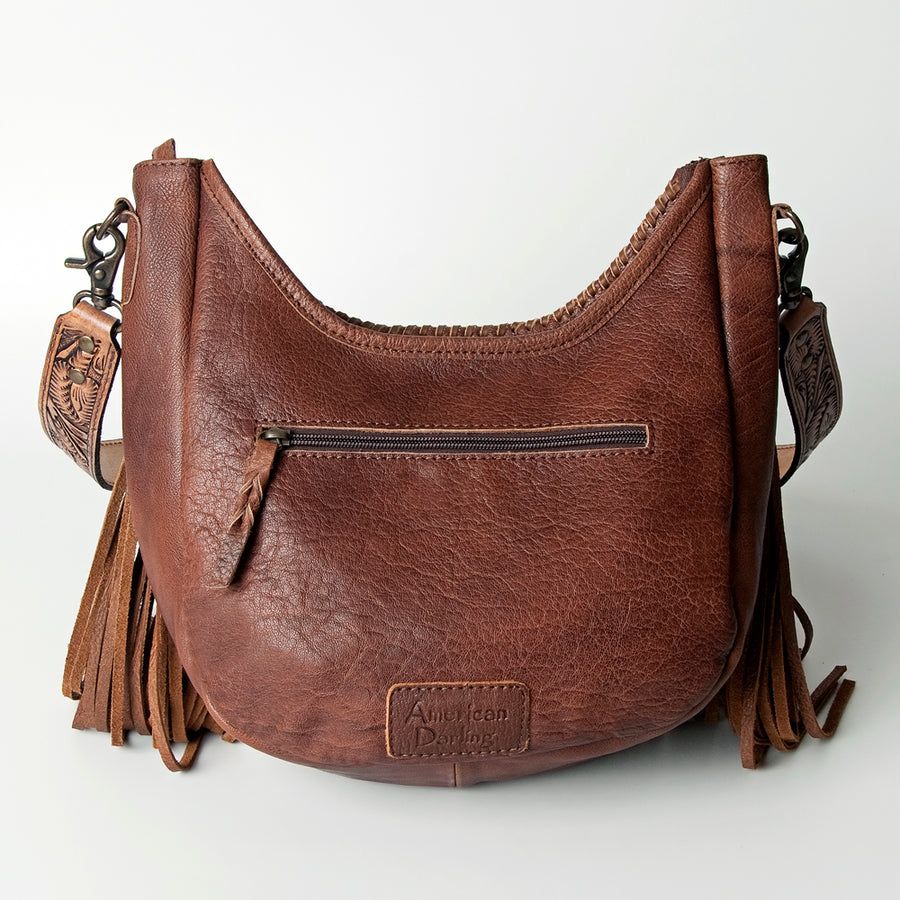 American Darling Hobo Bag Western Leather Hair-On Cowhide Purse with Fringes Hand Tooled Strap and YKK Zipper