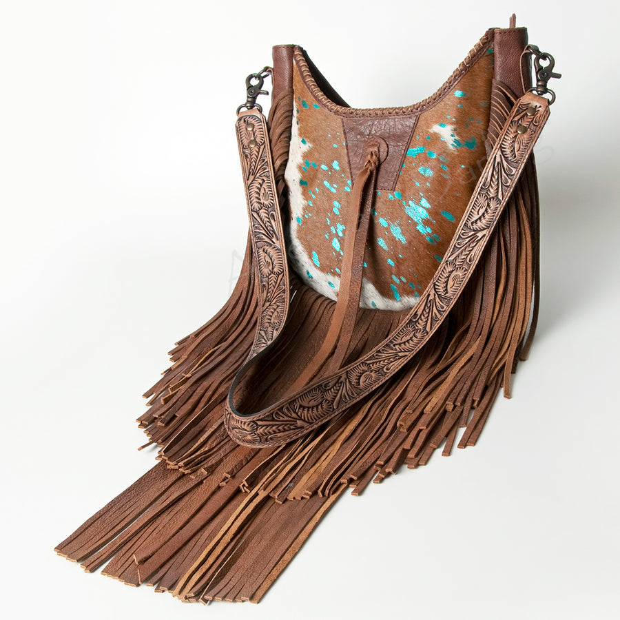 Brown and white cowhide leather fringe shoulder bag - Uhorse