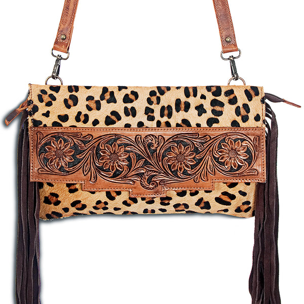 American Darling Hand Tooled Leather Small Cross body Bag with Printed Hair-On Cowhide - Uhorse