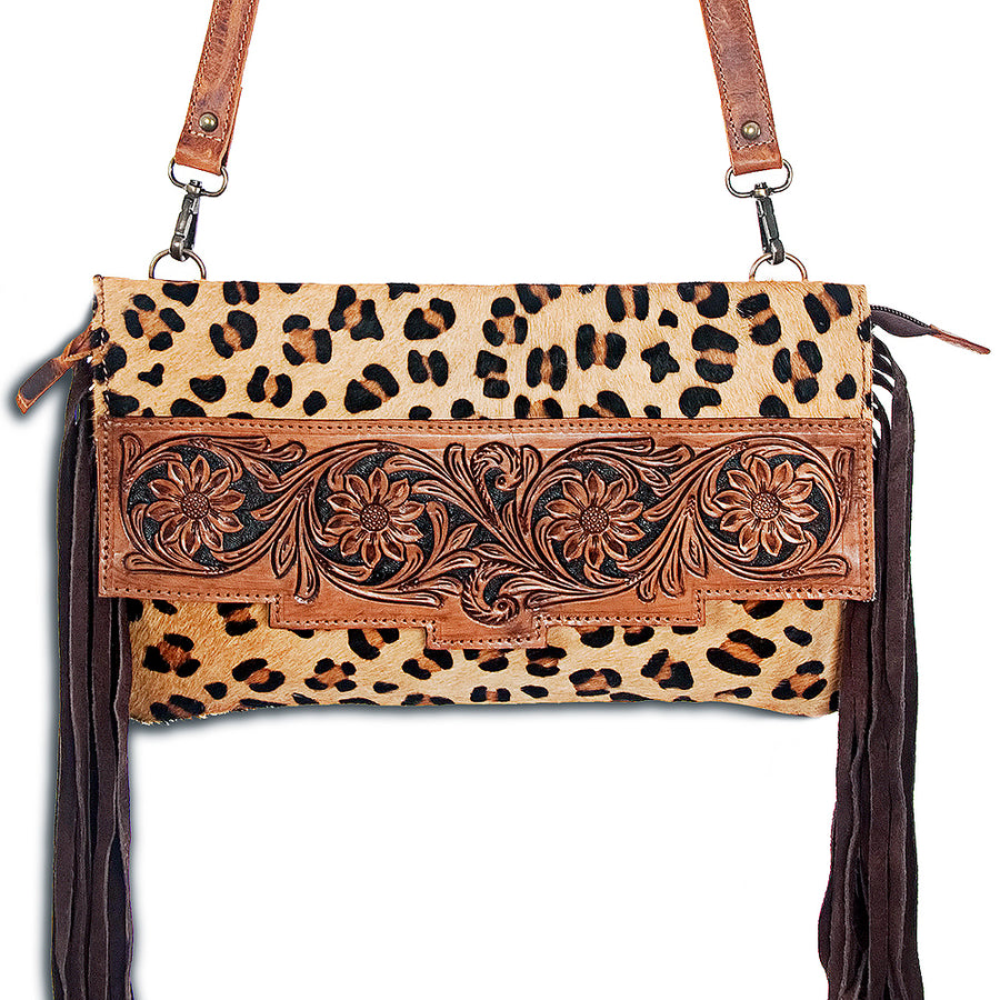 American Darling Hand Tooled Leather Small Cross body Bag with Printed Hair-On Cowhide - Uhorse