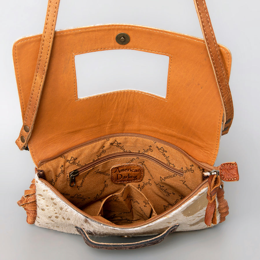 American Darling Small Cross body Bag Hand Tooled Floral Carved Leather Hair-On Cowhide with Fringes
