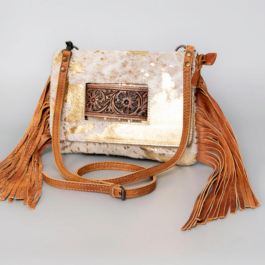 American Darling Hand Tooled Leather Small Cross body Bag with Hair-On Cowhide - Uhorse