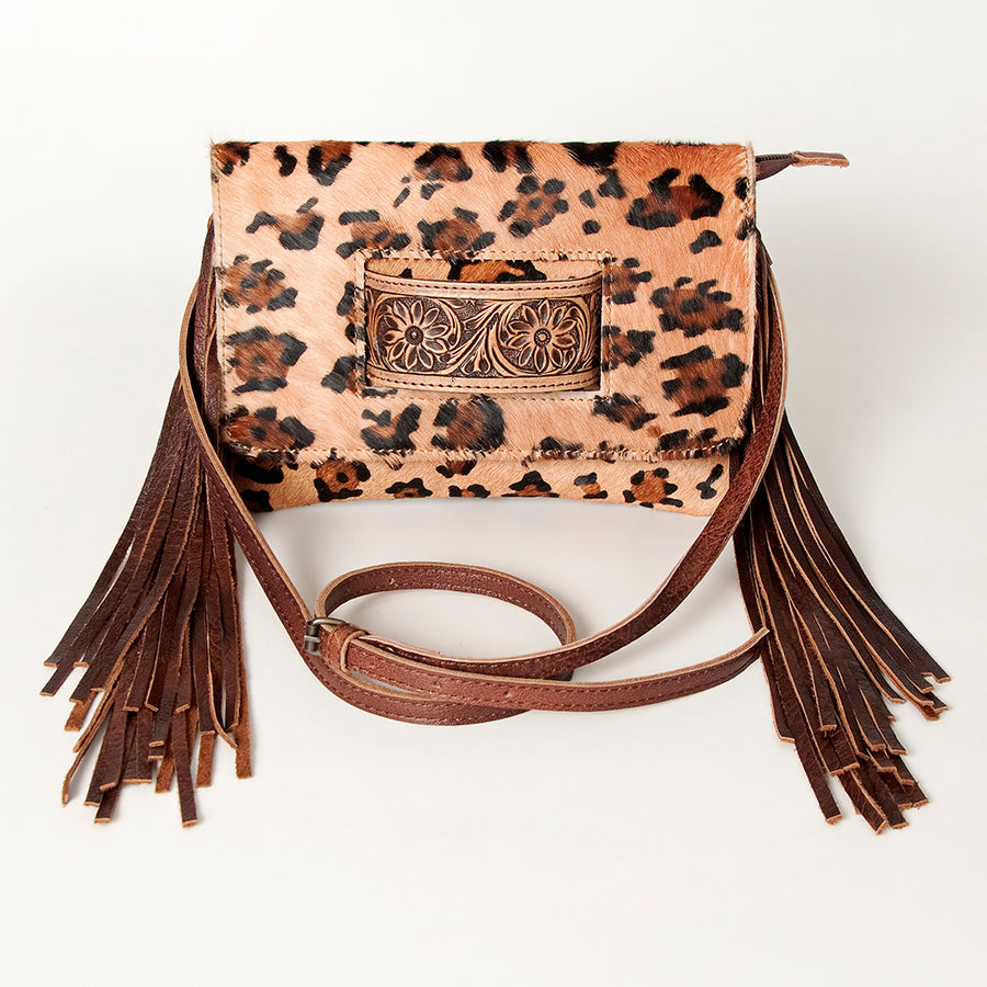 American Darling Small Cross body Bag Hand Tooled Floral Carved Leather Hair-On Cowhide with Fringes