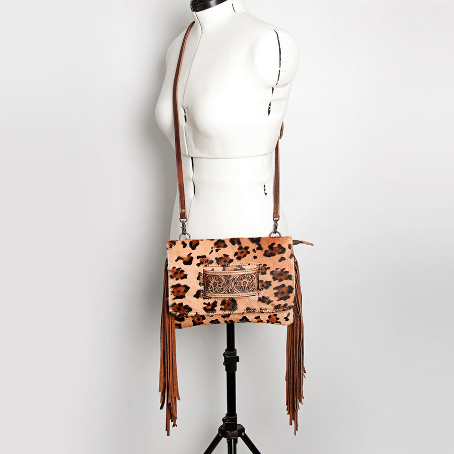 American Darling Small Cross body Bag Hand Tooled Floral Carved Leather Hair-On Cowhide with Fringes
