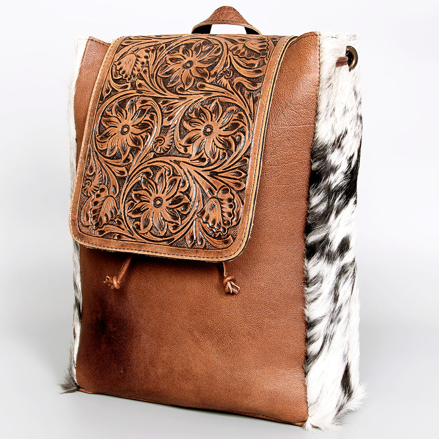 American Darling Hand Tooled Leather Backpack Bag with Hair-On Cowhide - Uhorse