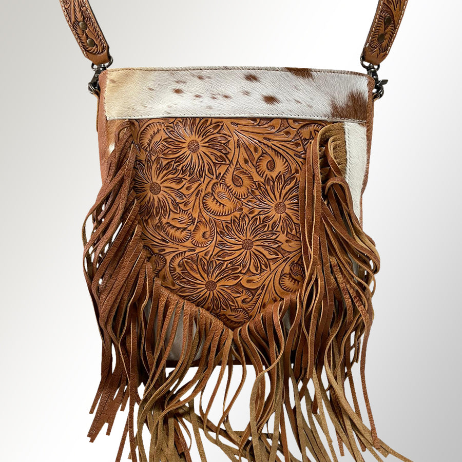 Brown leather crossbody bag with cowhair flap and fringe - Uhorse