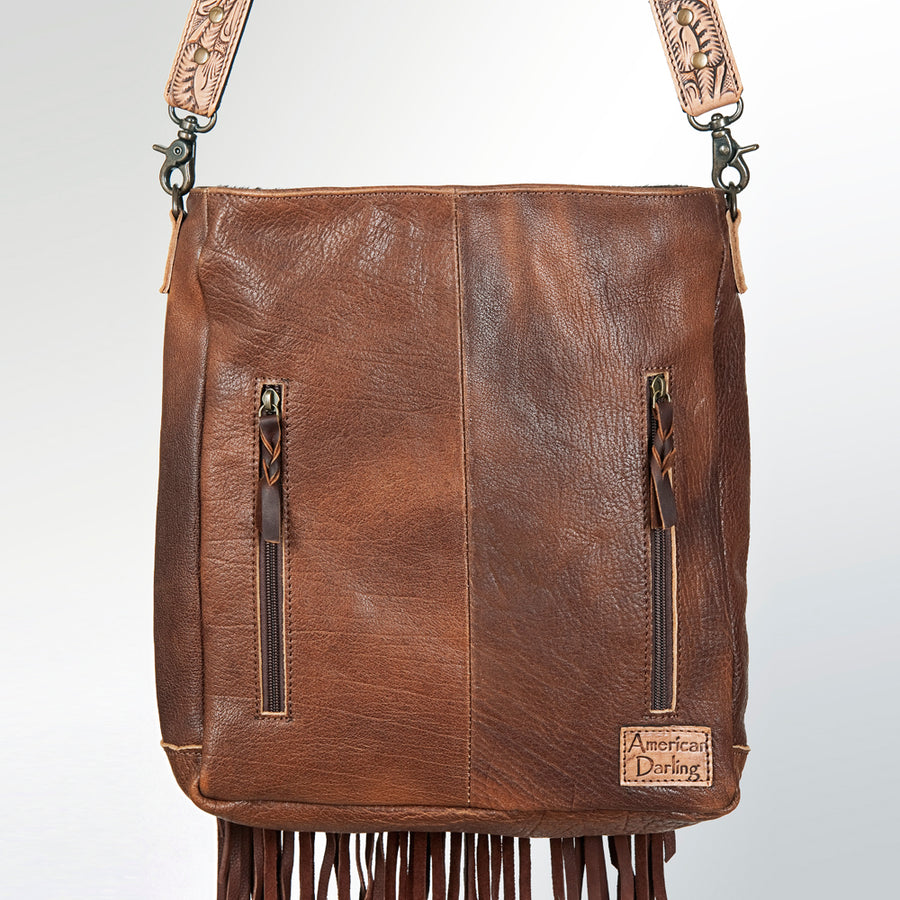 American Darling Messenger Bag Hand Tooled Floral Carved Leather Hair-On Cowhide with Fringes Western Purse