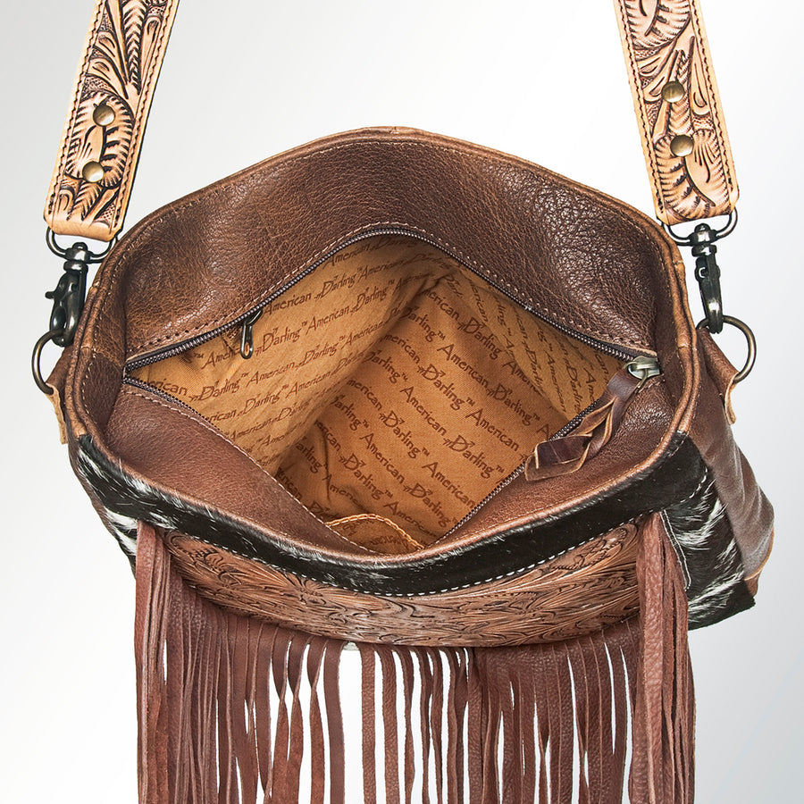 American Darling Messenger Bag Hand Tooled Floral Carved Leather Hair-On Cowhide with Fringes Western Purse