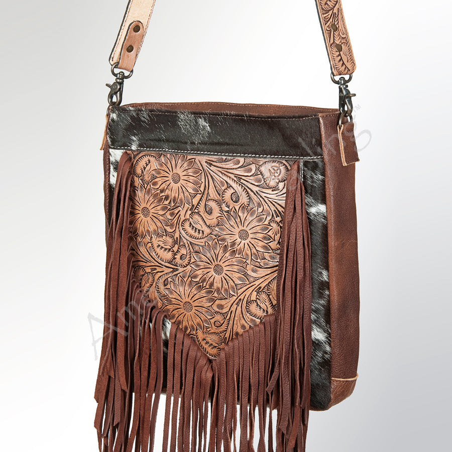 American Darling Hand Tooled Leather Messenger Bag with Hair-On Cowhide and Fringes - Uhorse