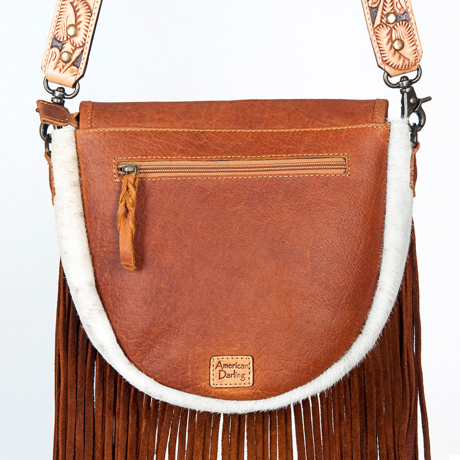 American Darling Messenger Bag Handcrafted from Hair-On Cowhide & Hand Tooled Leather with Fringes and YKK Zipper
