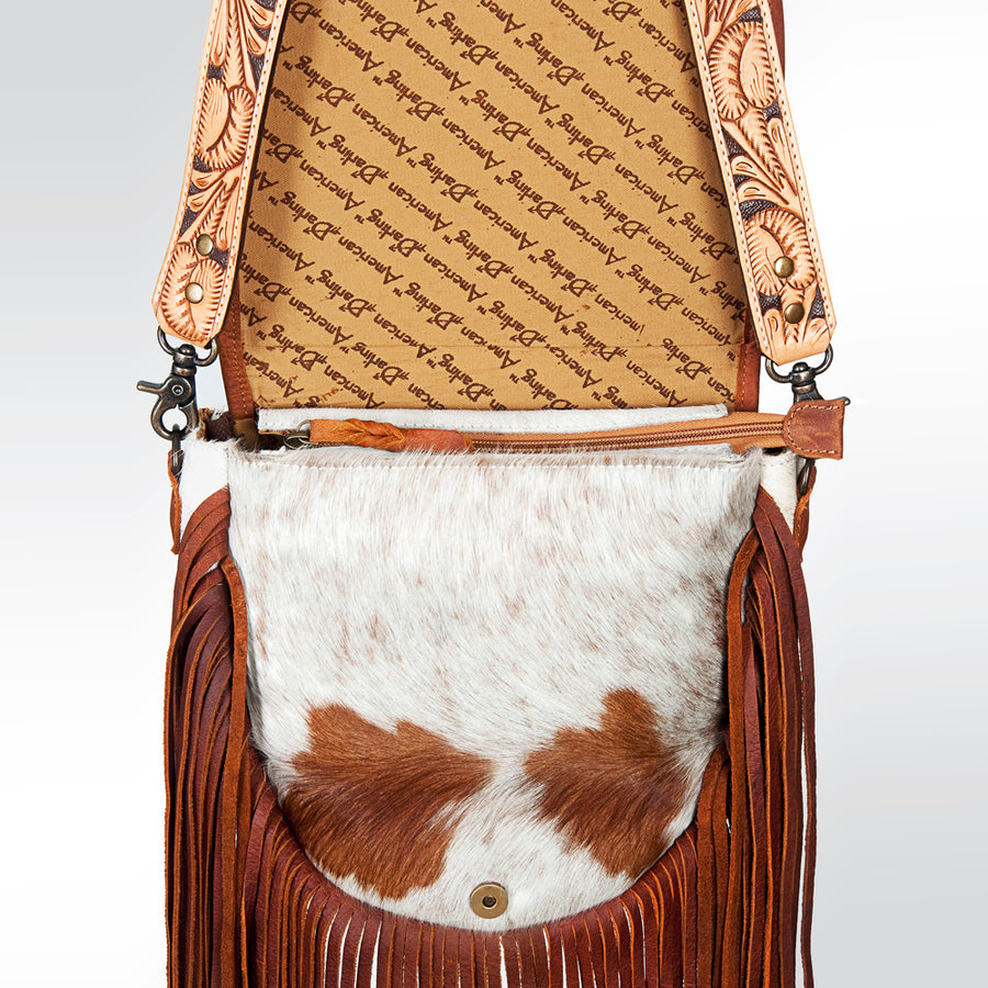 American Darling Messenger Bag Handcrafted from Hair-On Cowhide & Hand Tooled Leather with Fringes and YKK Zipper