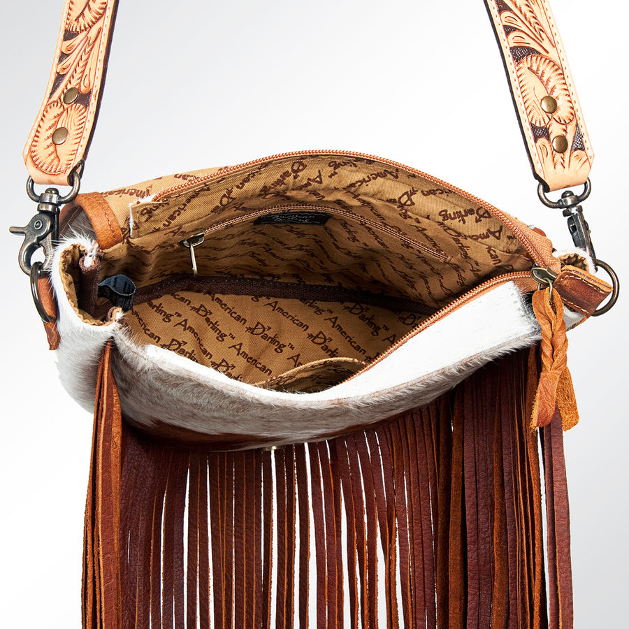 American Darling Messenger Bag Handcrafted from Hair-On Cowhide & Hand Tooled Leather with Fringes and YKK Zipper