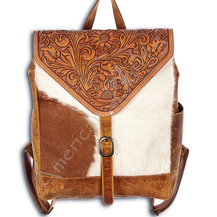 American Darling Backpack Bag Handcrafted from Hand Tooled Floral Leather & Hair-On Cowhide with YKK Zipper