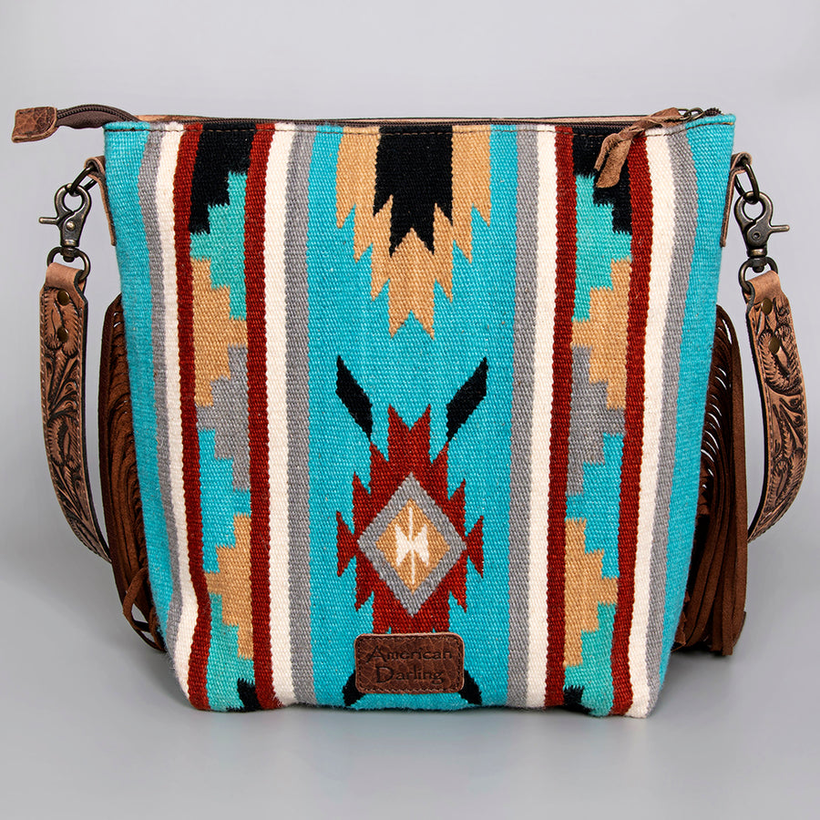 American Darling Signature Crossbody Bag - Western Genuine Leather Hand Tooled Floral Purse with Woven Saddle Blanket & Fringe