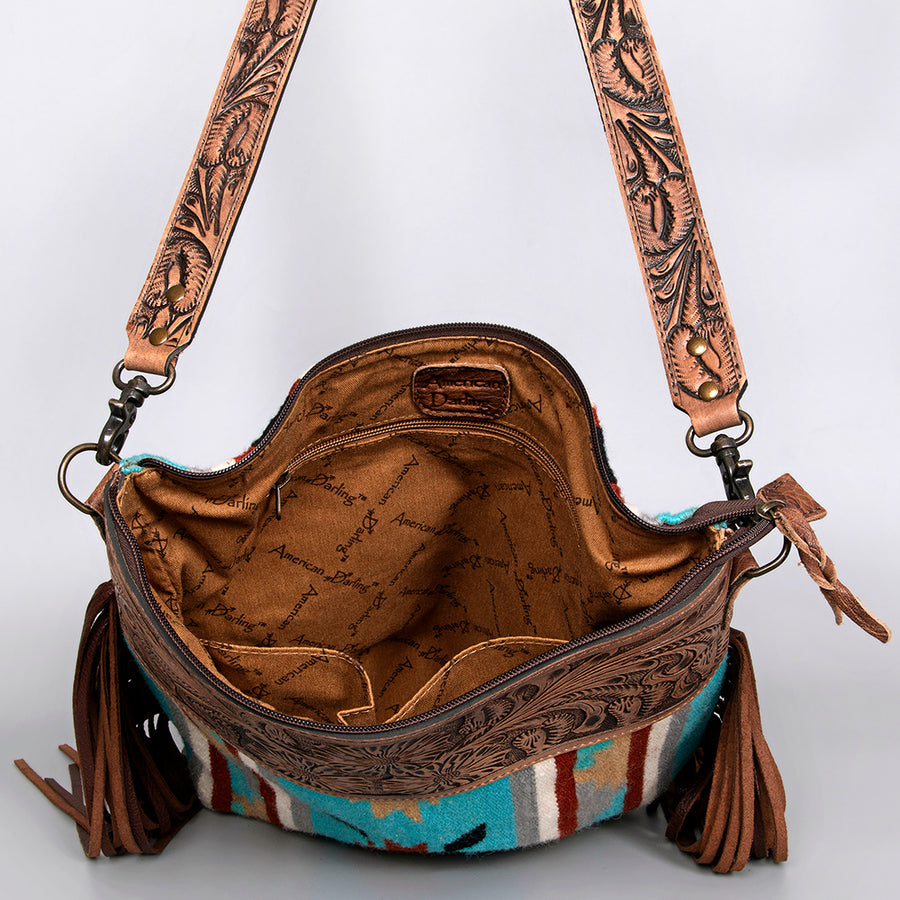 American Darling Signature Crossbody Bag - Western Genuine Leather Hand Tooled Floral Purse with Woven Saddle Blanket & Fringe