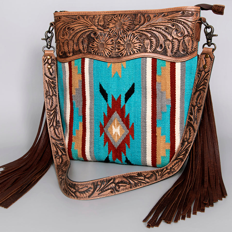 American Darling Western Signature Crossbody Bag with Hand Tooled Floral Leather and Fringes - Uhorse