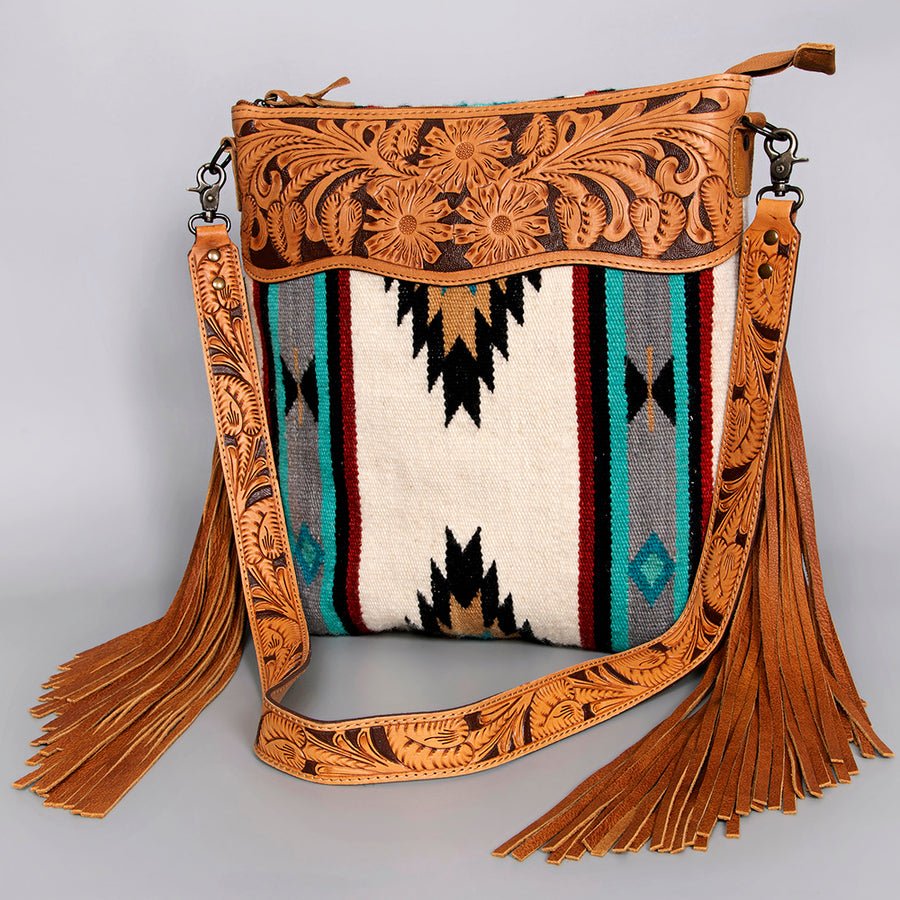 American Darling Large Cross body Bag - Hand Tooled Leather and Woven Saddle Blanket with Fringes - Uhorse