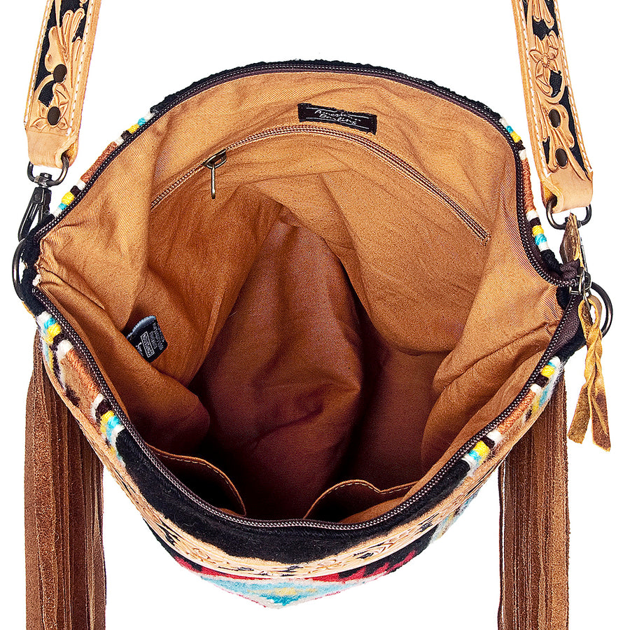 American Darling Large Cross body Bag - Western Genuine Leather Hand Tooled Floral Purse with Woven Saddle Blanket & Fringe