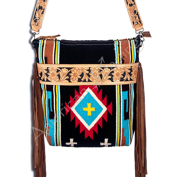 American Darling Large Cross body Bag - Hand Tooled Leather and Woven Saddle Blanket - Hilason