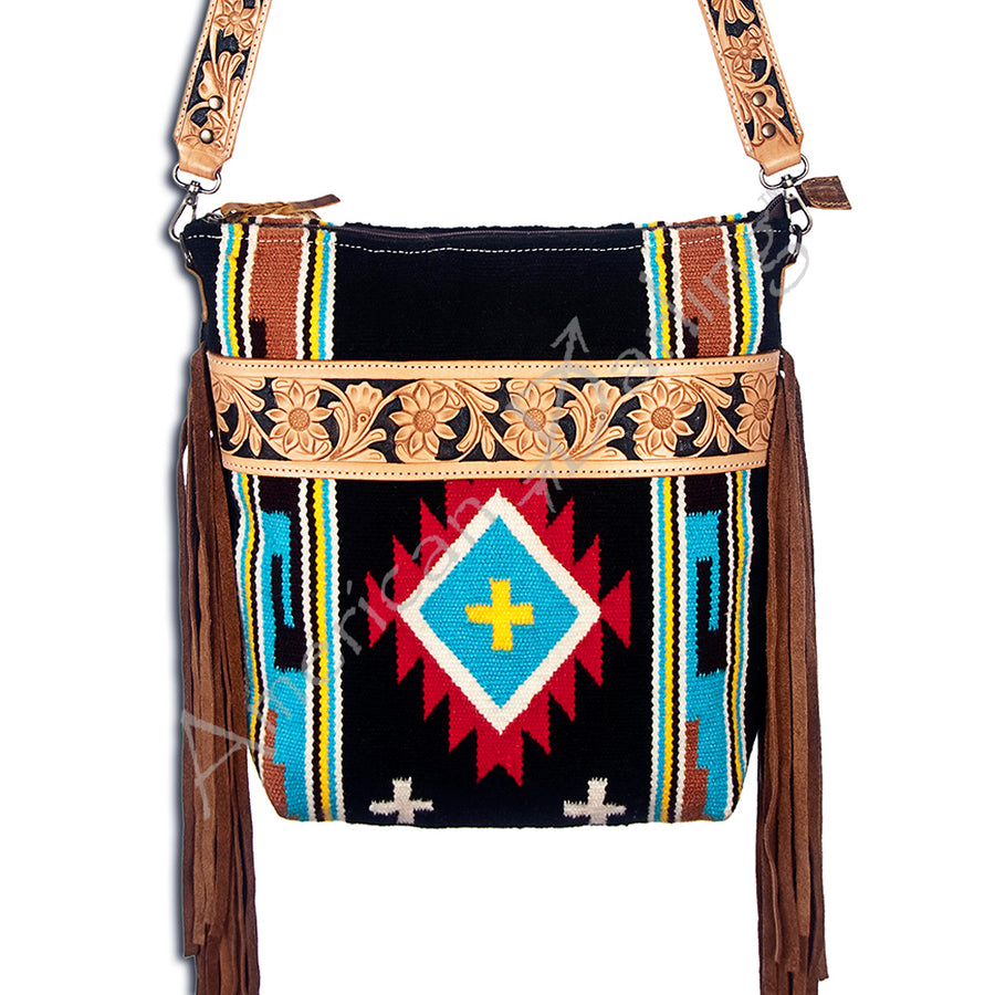 American Darling Large Cross body Bag - Hand Tooled Leather and Woven Saddle Blanket - Hilason