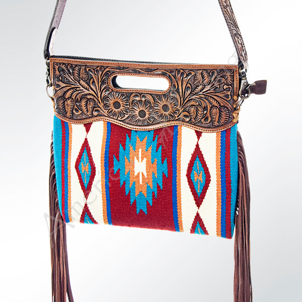 American Darling Signature Cross body Bag - Hand Tooled Floral Leather and Saddle Blanket Purse - Uhorse