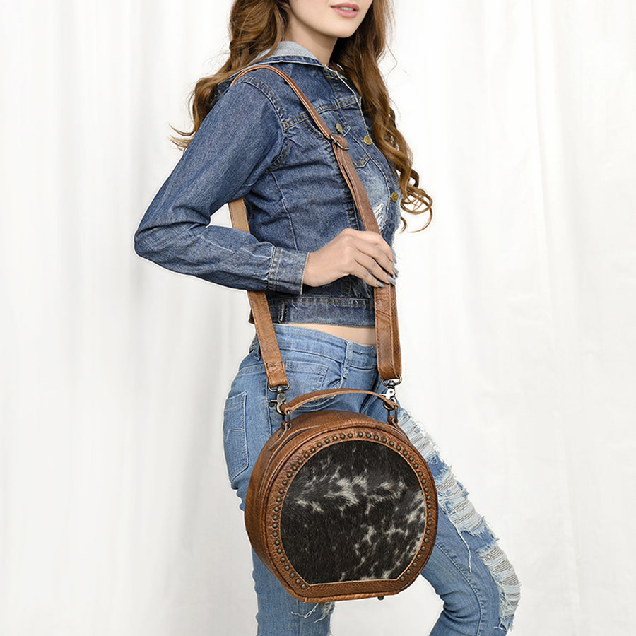 American Darling Canteen Bag Western Leather Hair-On Cowhide Purse with Rivets Embossed and Secure YKK Zipper