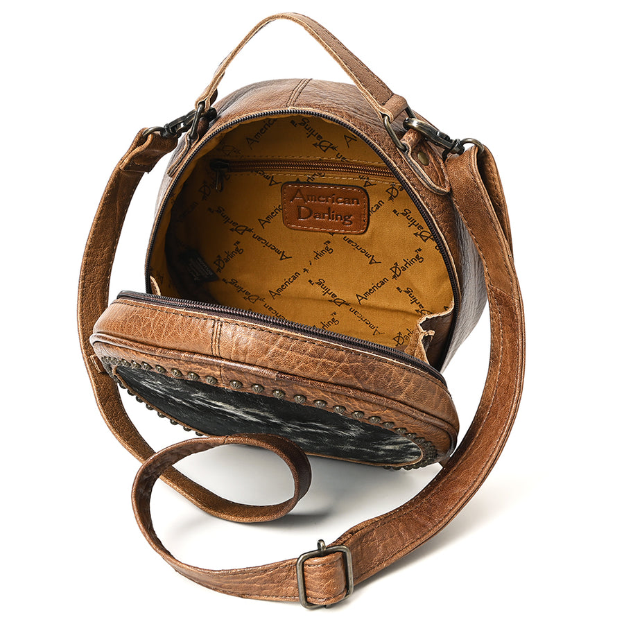 American Darling Canteen Bag Western Leather Hair-On Cowhide Purse with Rivets Embossed and Secure YKK Zipper