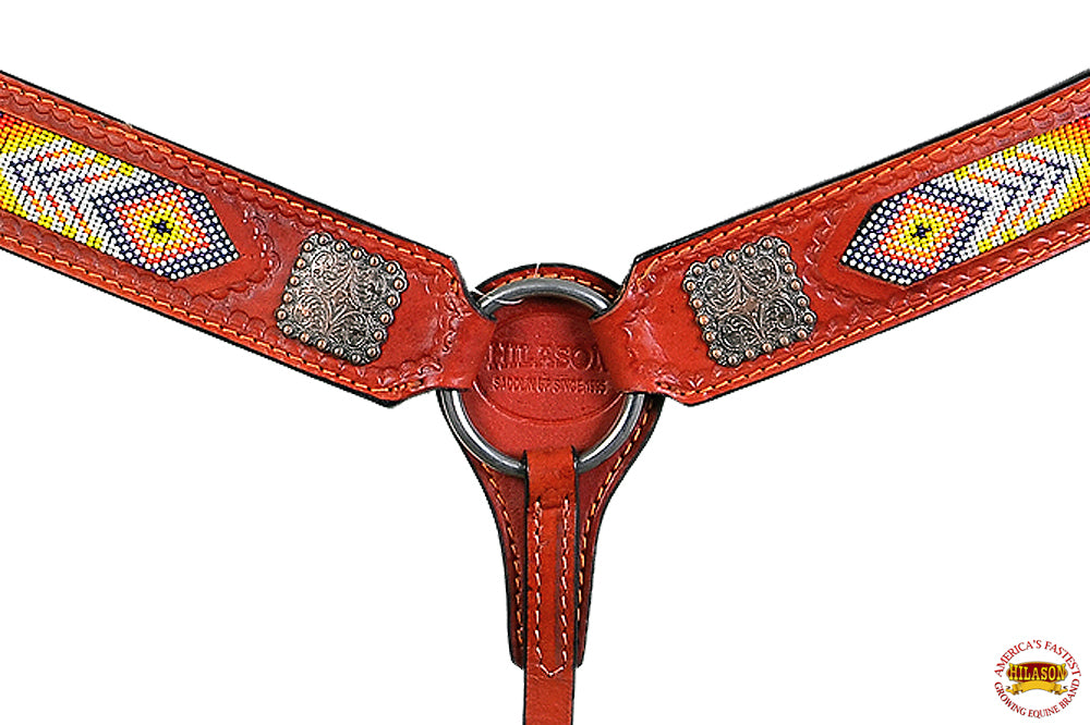 Western Horse Breast Collar Leather Mahogany Beaded Concho Hilason