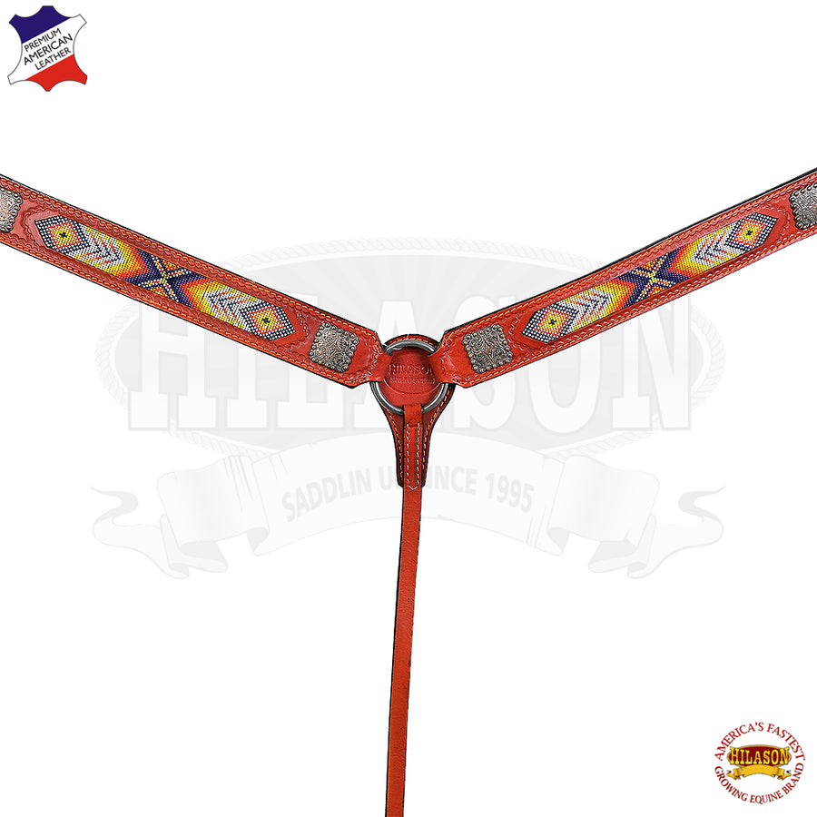 W. H. Breast Collar Leather Mahogany Beaded Hilason by Hilason – Cowboy and equestrian accessories